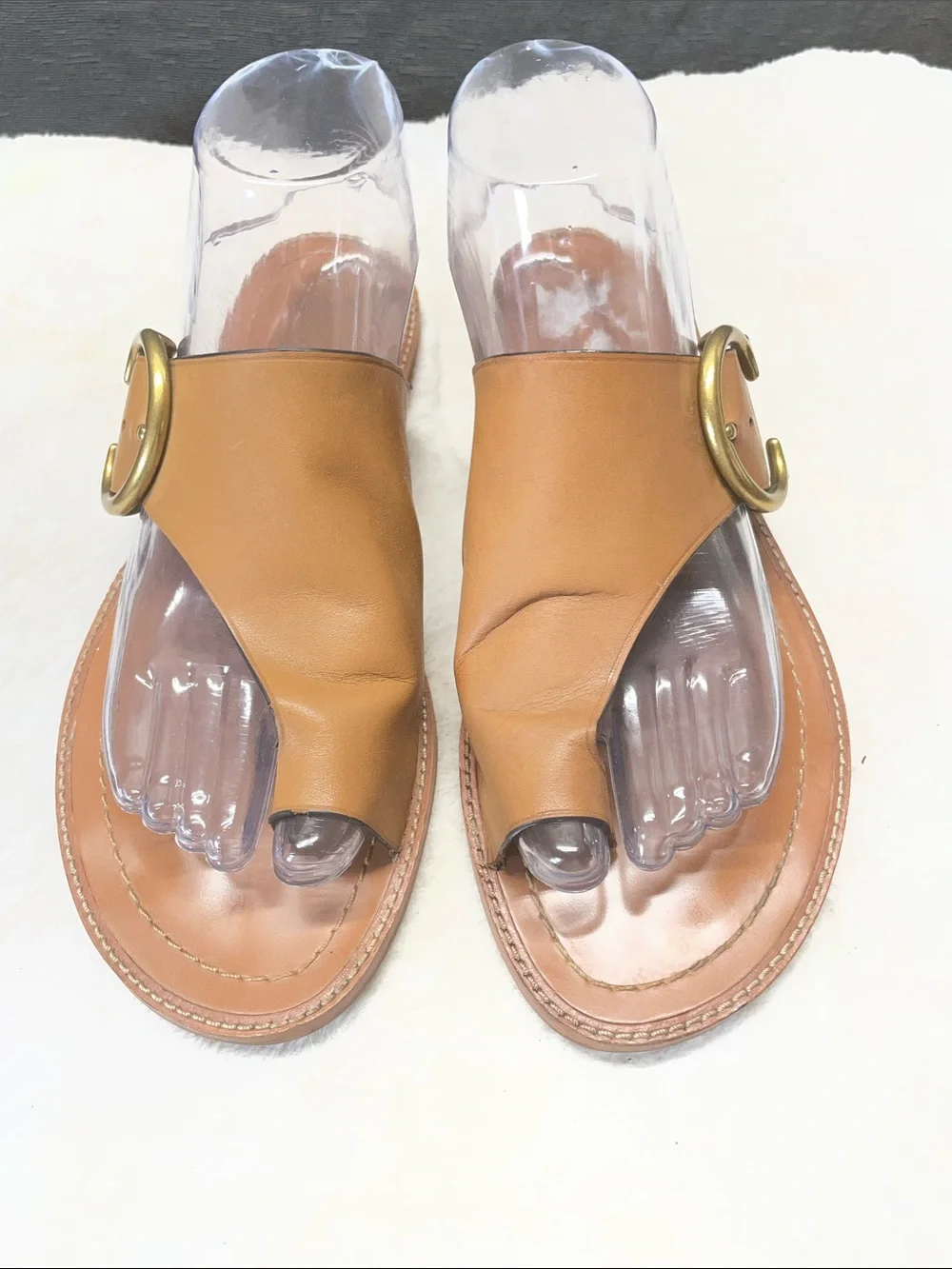 Coach Tan Leather Slide Sandals with Brass Ring Buckle
